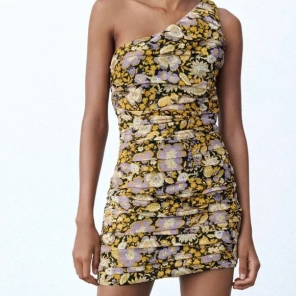 Zara One Shoulder Floral Ruched Gathered Mini Dress. - Picture 2 of 7